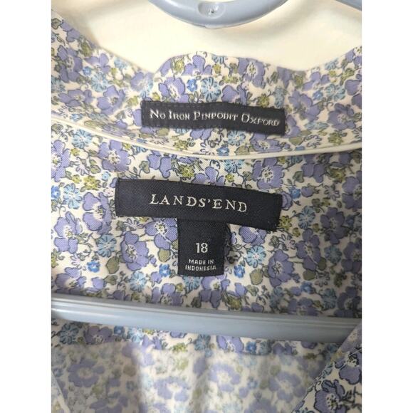 Lands' End Purple Floral Button Up Shirt Size 18 3/4 Sleeve No Iron Pinpoint - Picture 5 of 8